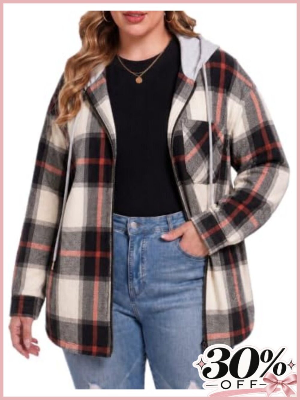 Plus Size Hooded Flannel Shacket Zip Up Plaid Jacket Relaxed Fit